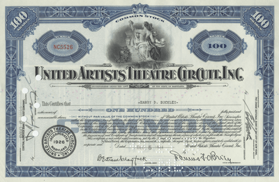 United Artists Theatre Circuit, Inc. Stock Certificate