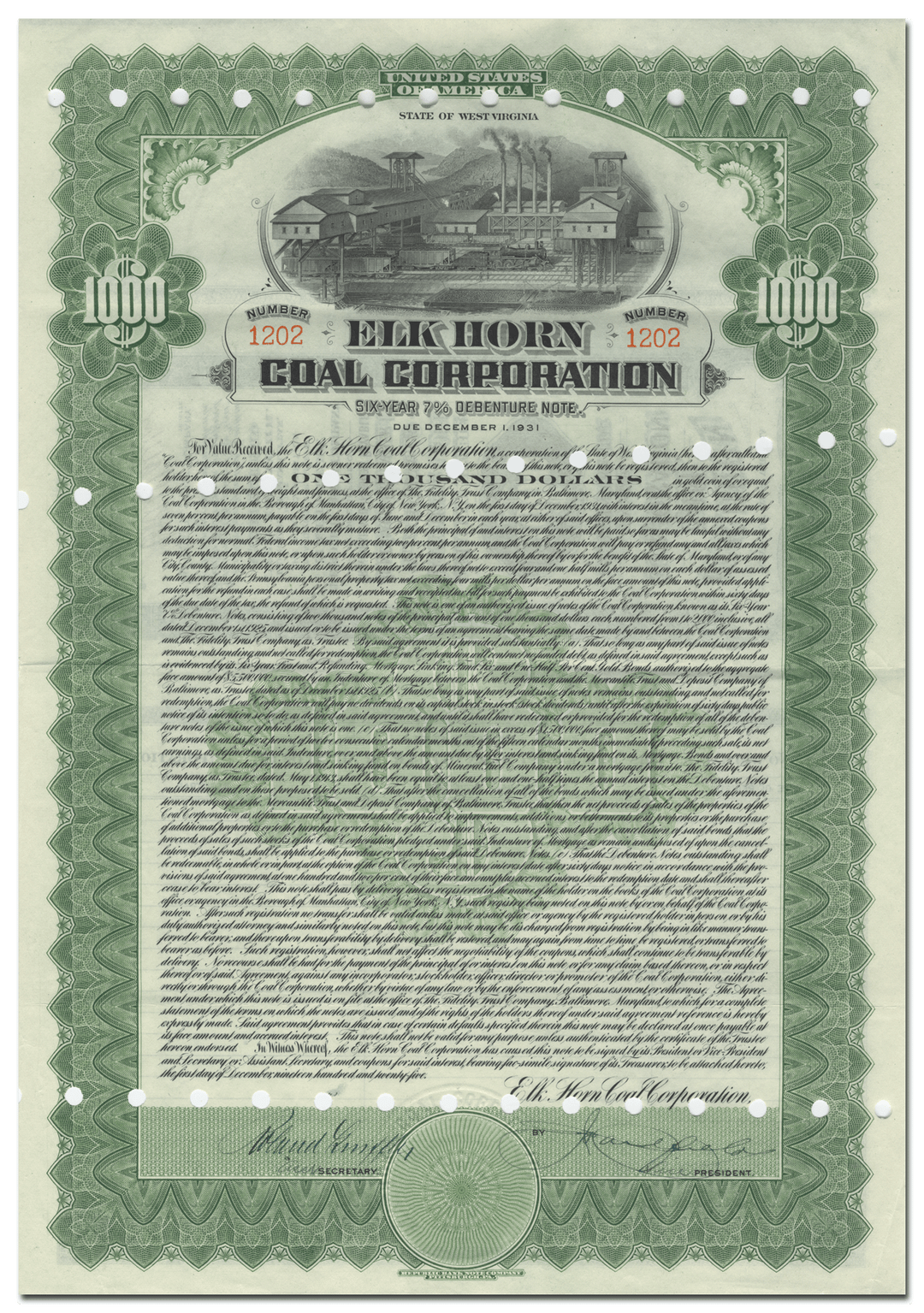 Elk Horn Coal Corporation Bond Certificate