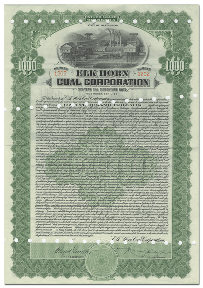 Elk Horn Coal Corporation Bond Certificate