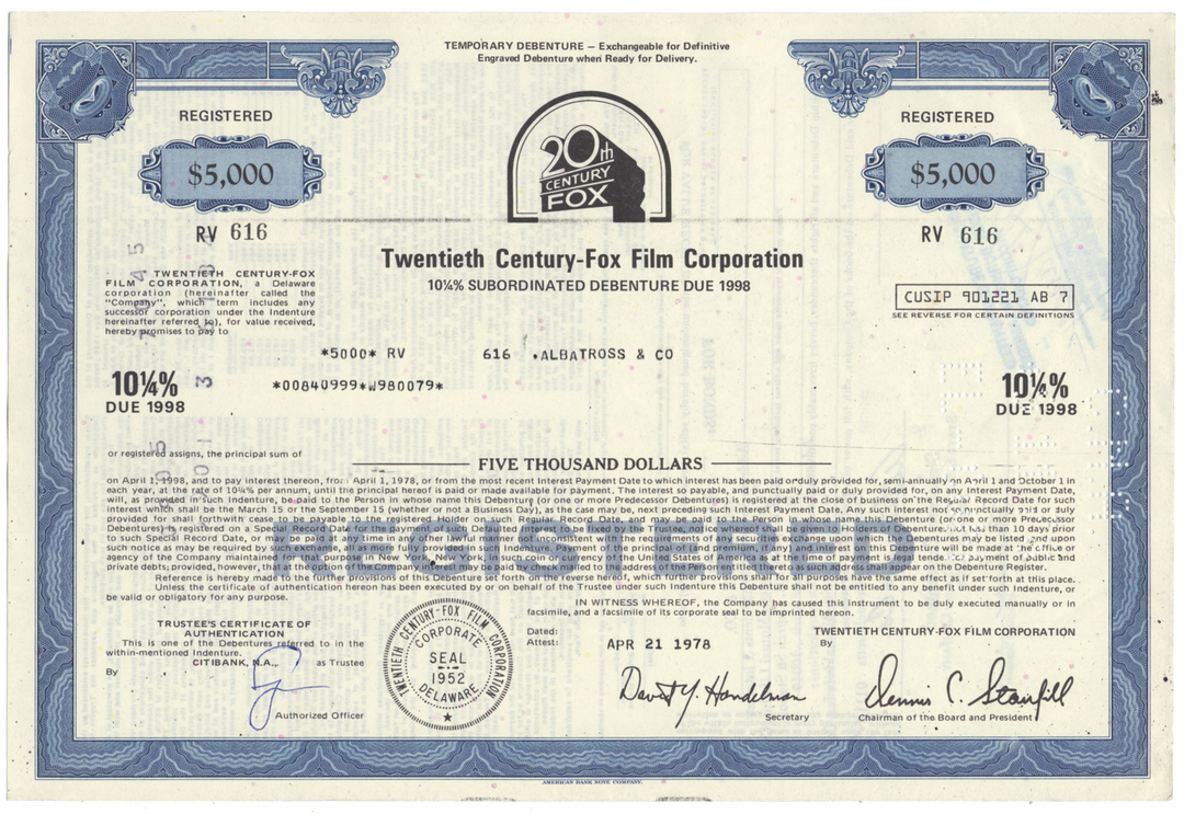 Twentieth Century-Fox Film Corporation Bond Certificate