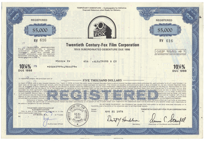 Twentieth Century-Fox Film Corporation Bond Certificate