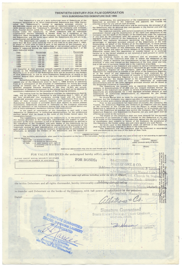 Twentieth Century-Fox Film Corporation Bond Certificate