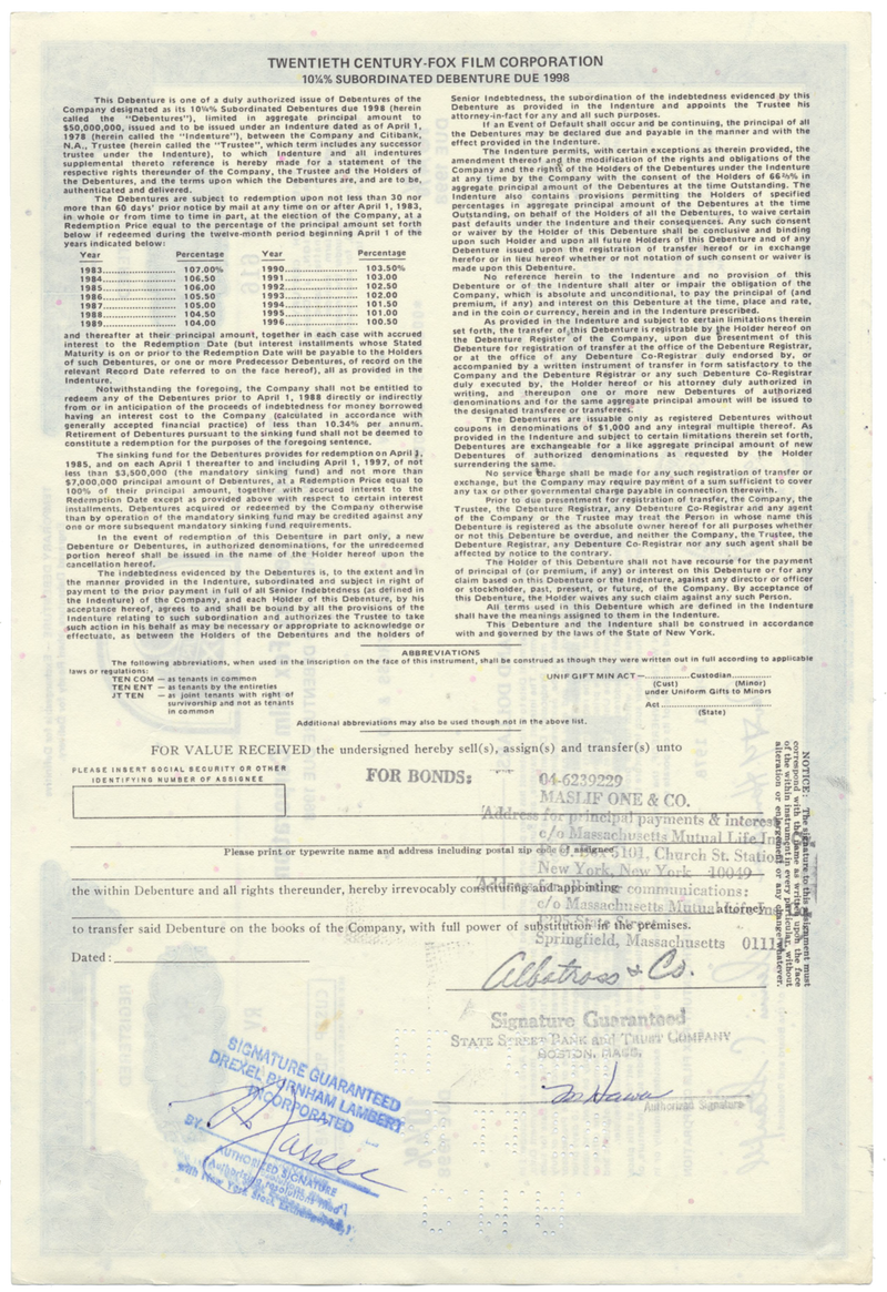 Twentieth Century-Fox Film Corporation Bond Certificate