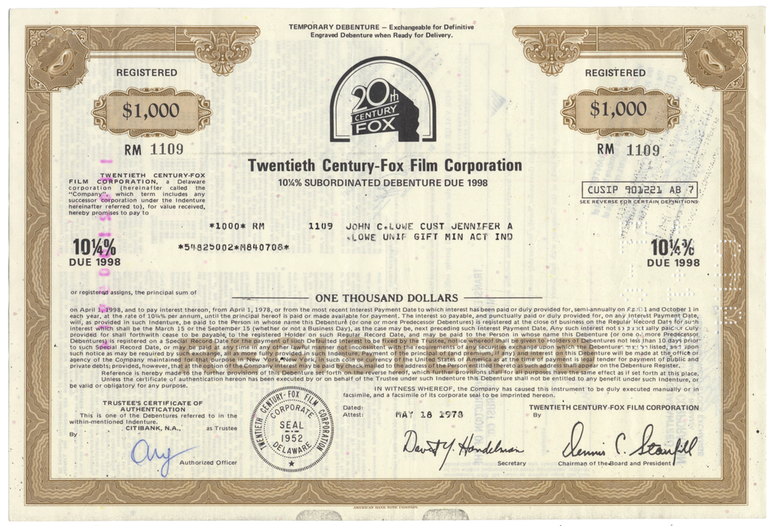 Twentieth Century-Fox Film Corporation Bond Certificate