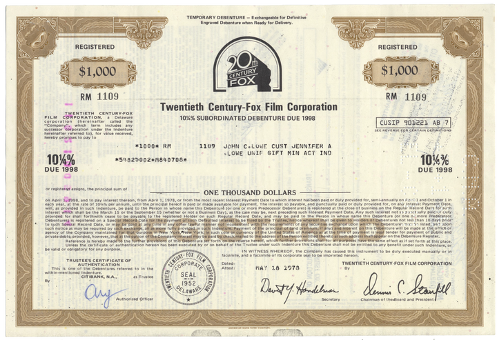 Twentieth Century-Fox Film Corporation Bond Certificate