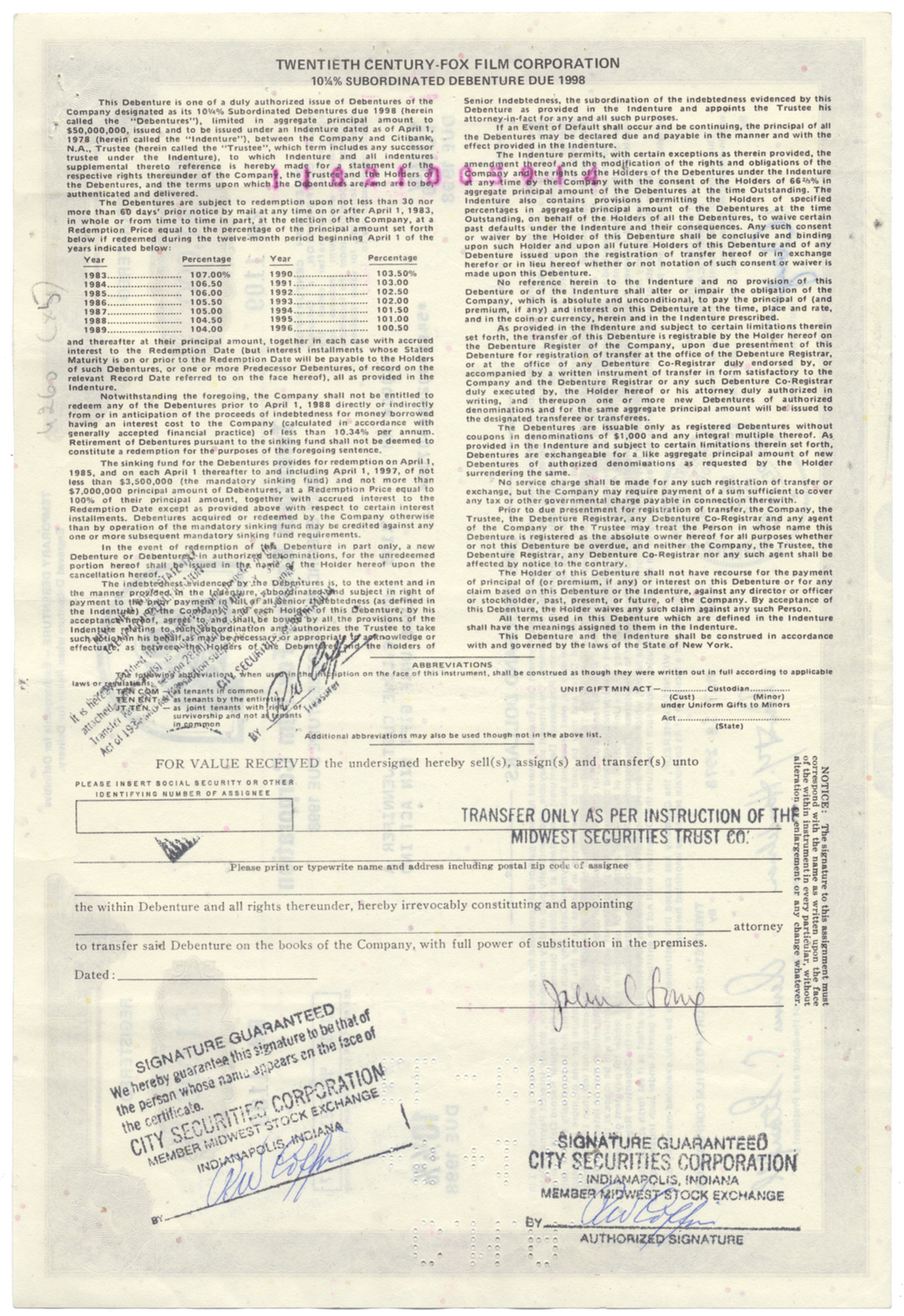 Twentieth Century-Fox Film Corporation Bond Certificate