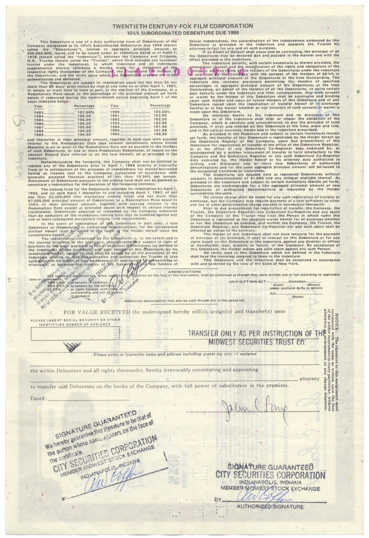 Twentieth Century-Fox Film Corporation Bond Certificate