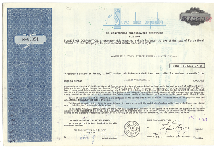 Suave Shoe Corporation Bond Certificate