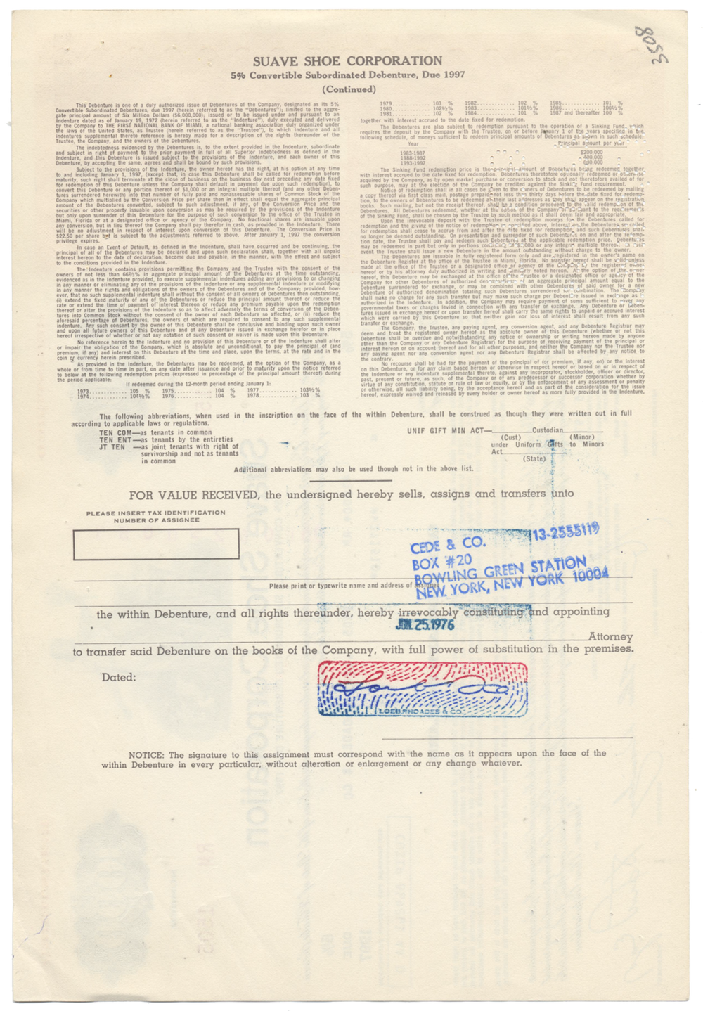 Suave Shoe Corporation Bond Certificate