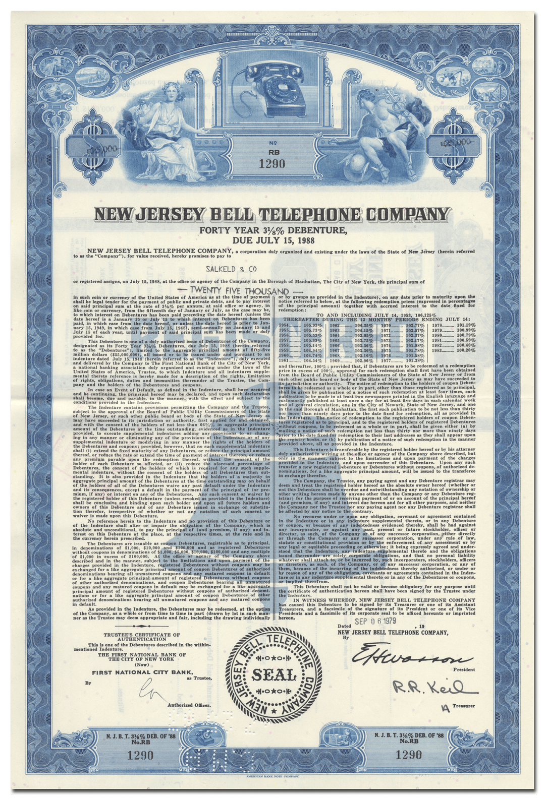 New Jersey Bell Telephone Company Bond Certificate