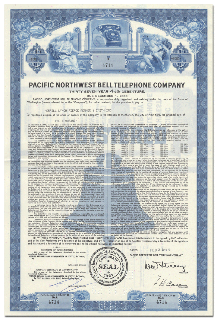 Pacific Northwest Bell Telephone Company Bond Certificate