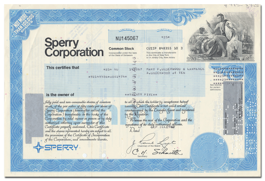 Sperry Corporation Stock Certificate