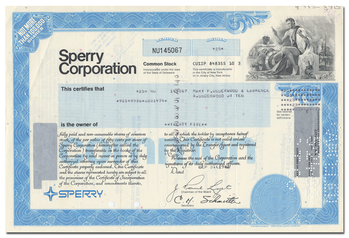 Sperry Corporation Stock Certificate