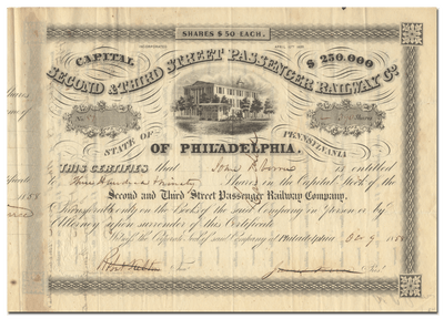 Second & Third Street Passenger Railway Company Stock Certificate