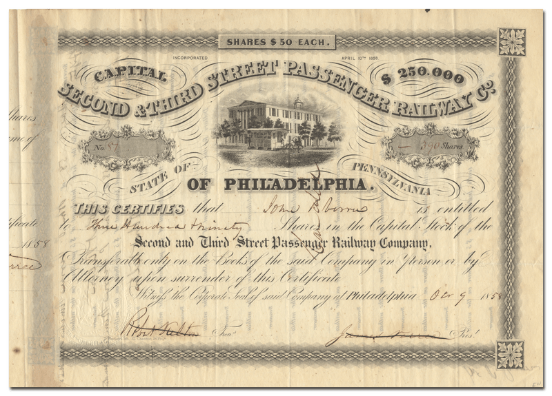 Second & Third Street Passenger Railway Company Stock Certificate