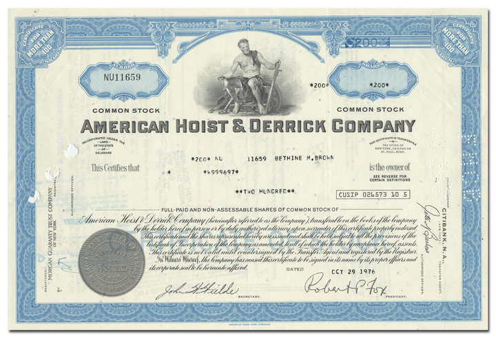 American Hoist & Derrick Company Stock Certificate