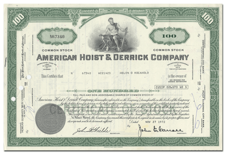 American Hoist & Derrick Company Stock Certificate