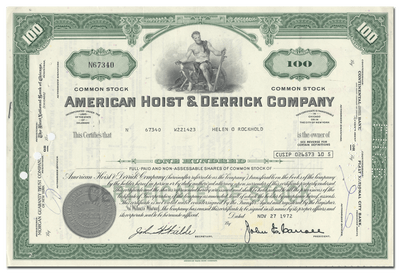 American Hoist & Derrick Company Stock Certificate