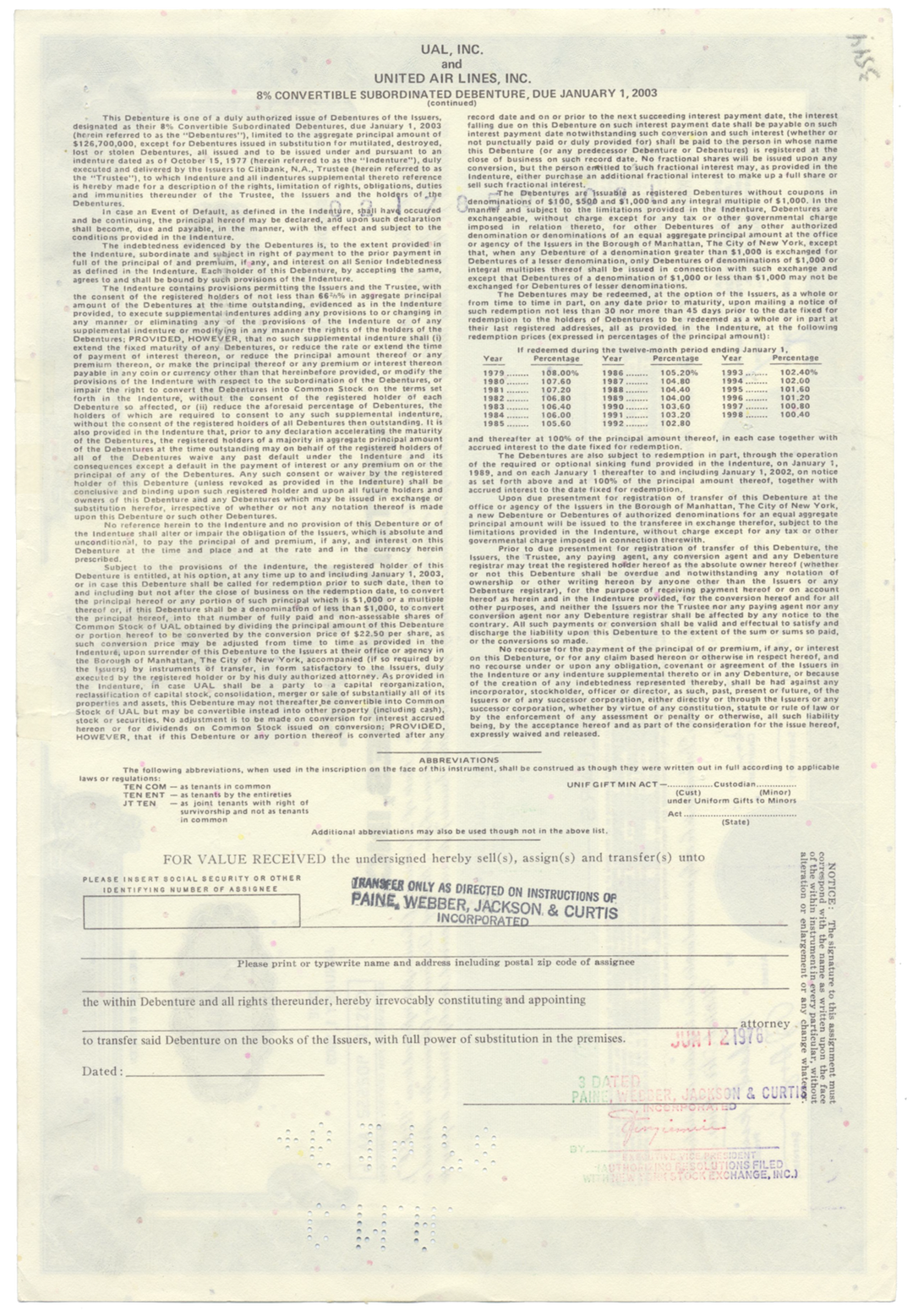 UAL, Inc. and United Air Lines, Inc. Bond Certificate