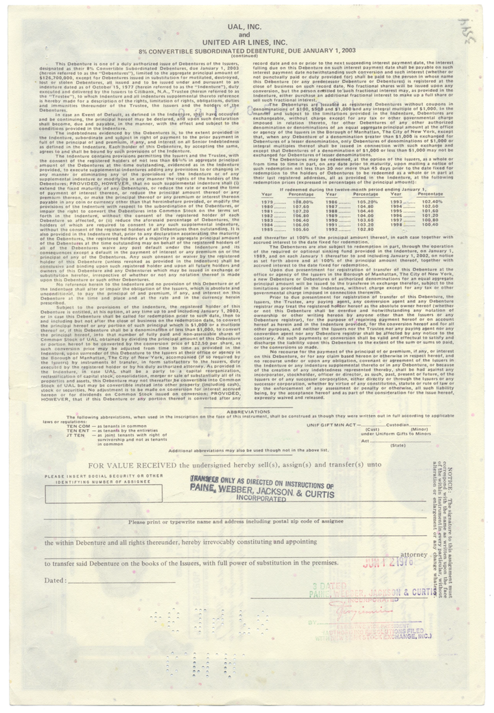 UAL, Inc. and United Air Lines, Inc. Bond Certificate