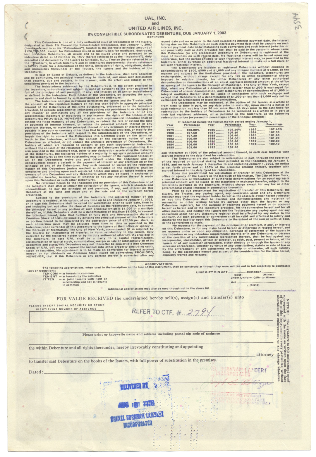 UAL, Inc. and United Air Lines, Inc. Bond Certificate