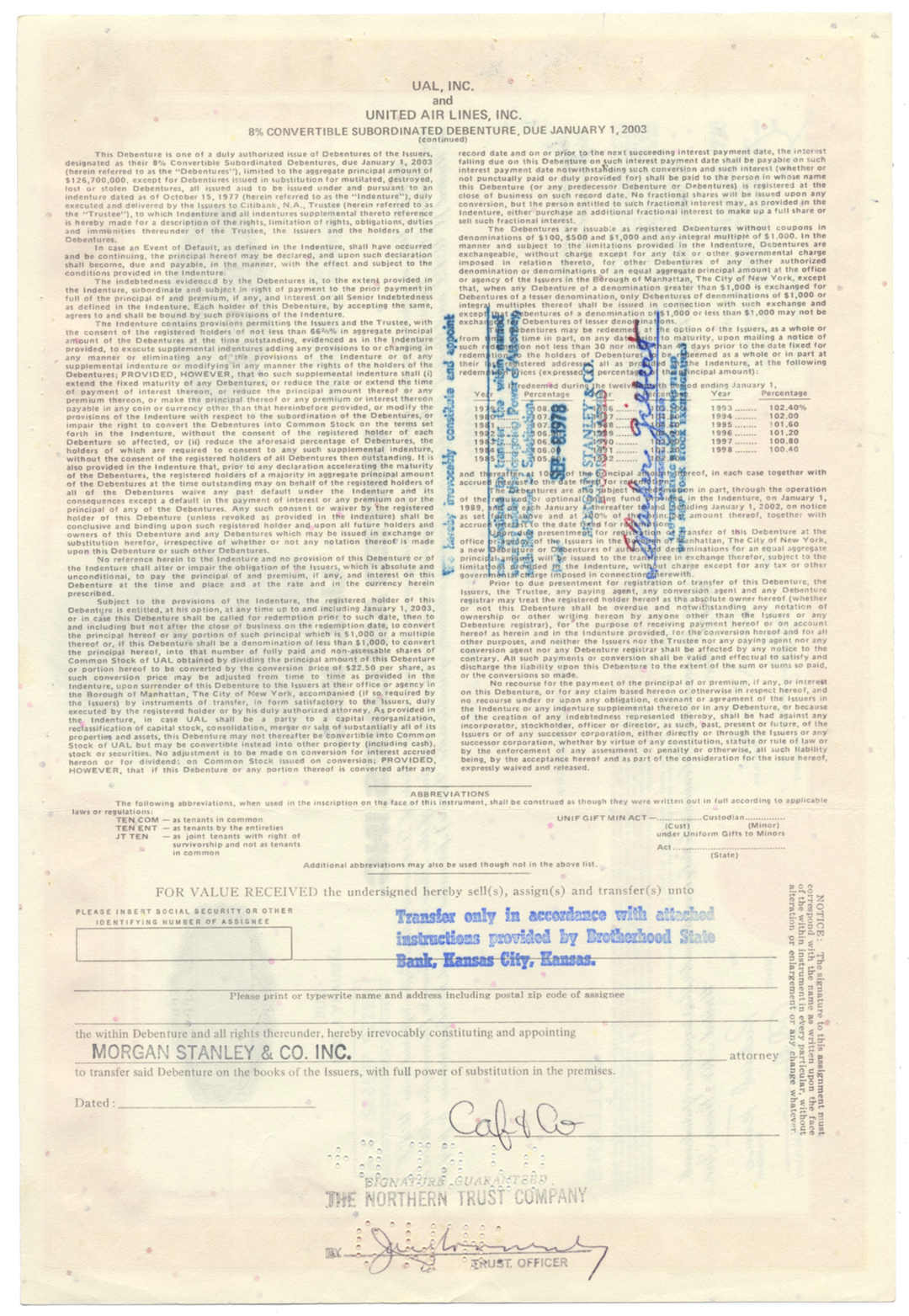 UAL, Inc. and United Air Lines, Inc. Bond Certificate