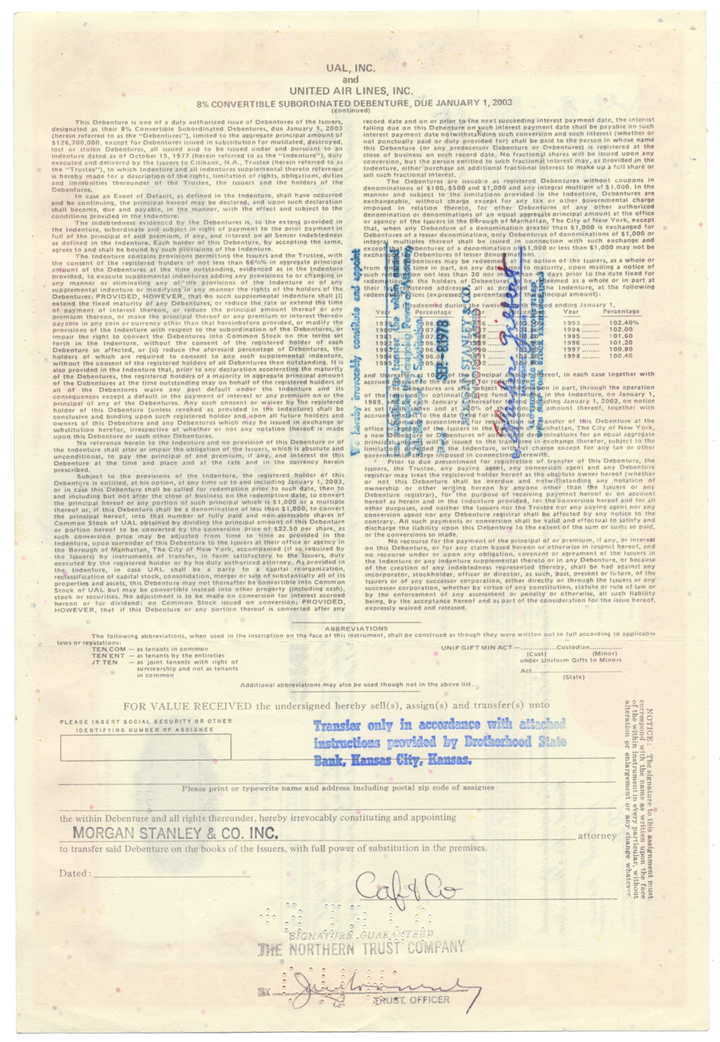 UAL, Inc. and United Air Lines, Inc. Bond Certificate