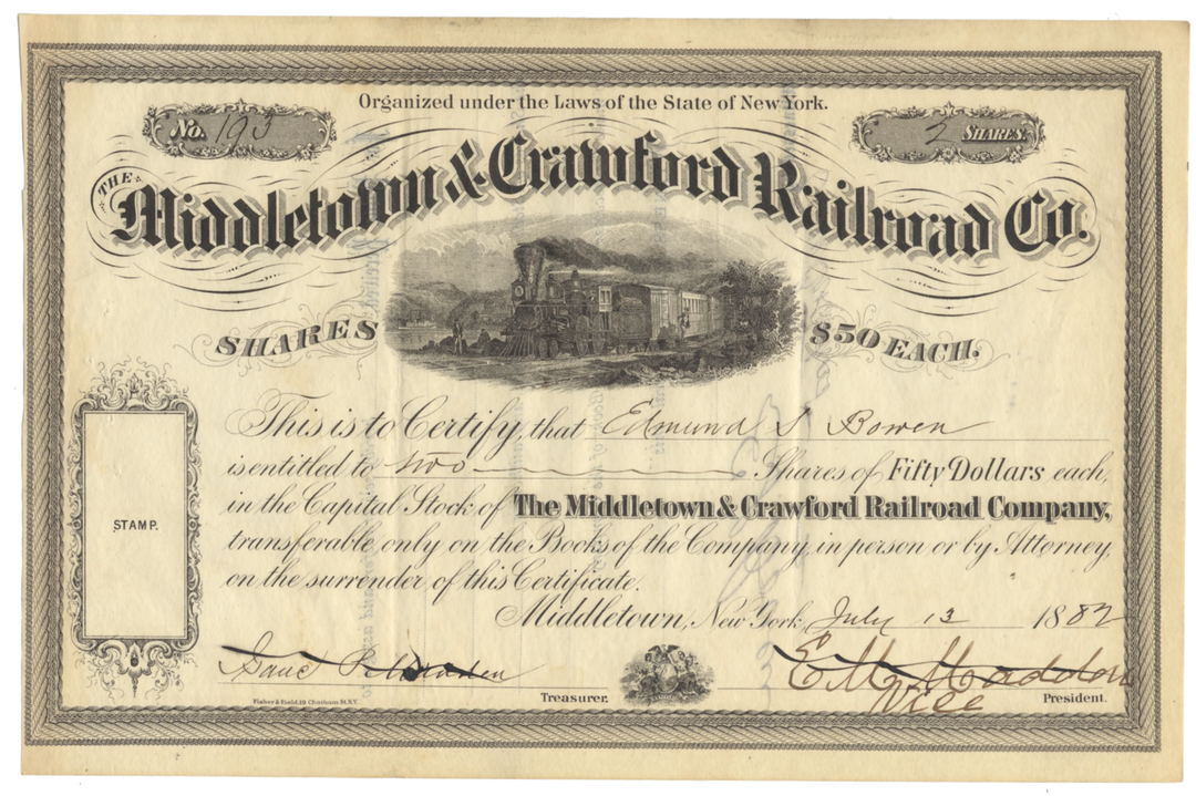 Middletown & Crawford Railroad Company Stock Certificate