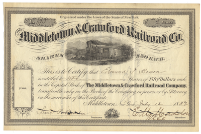 Middletown & Crawford Railroad Company Stock Certificate