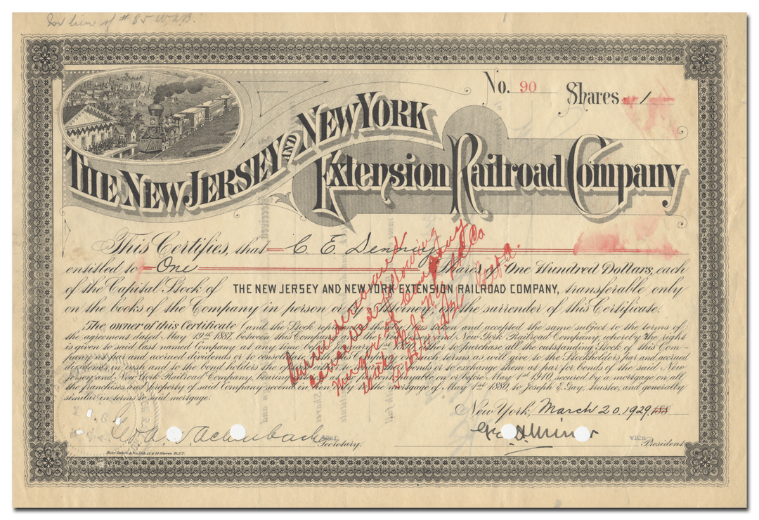 New Jersey and New York Extension Railroad Company Stock Certificate