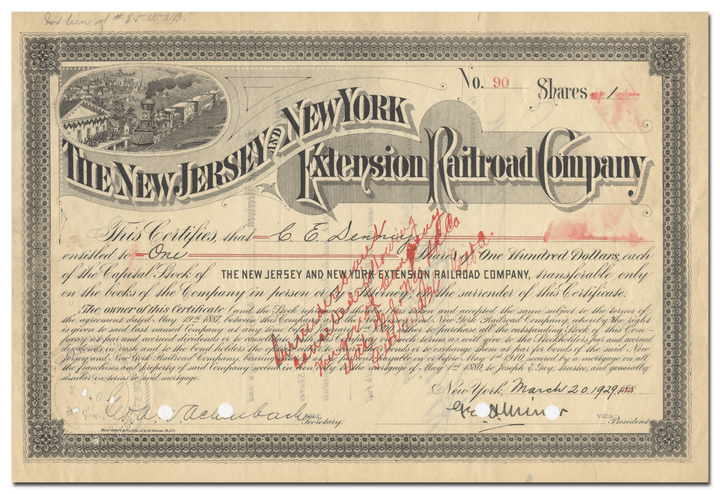 New Jersey and New York Extension Railroad Company Stock Certificate