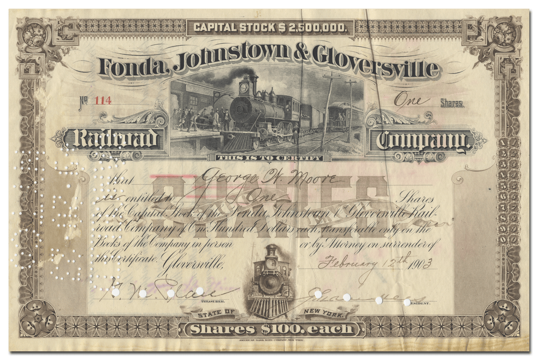 Fonda, Johnstown & Gloversville Railroad Company Stock Certificate