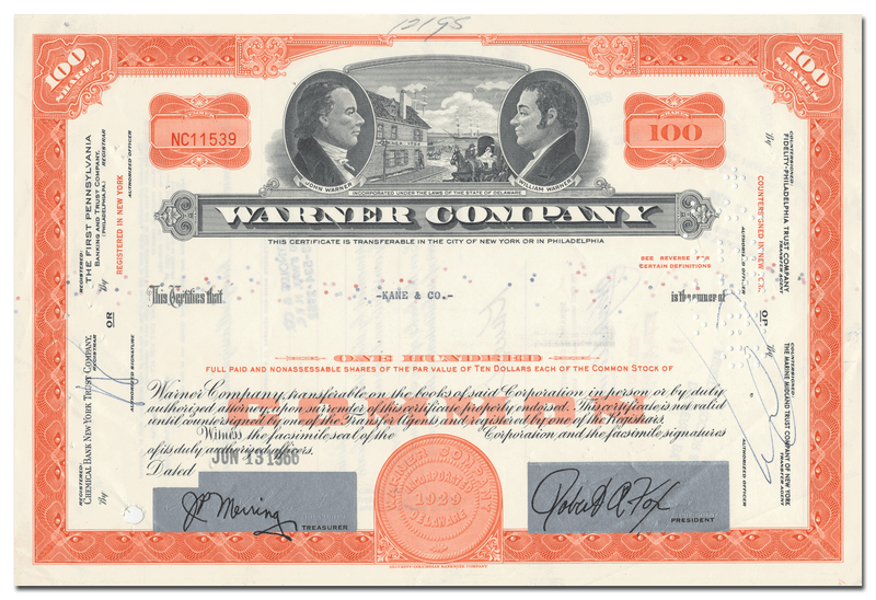 Warner Company Stock Certificate