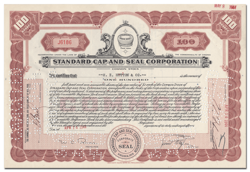 Standard Cap and Seal Corporation Stock Certificate
