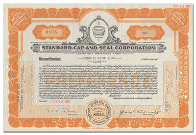 Standard Cap and Seal Corporation Stock Certificate