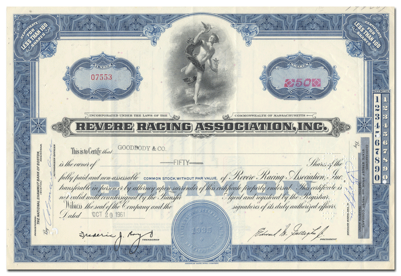 Revere Racing Association, Inc. Stock Certificate