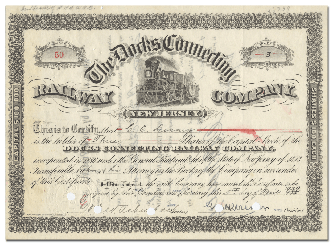 Docks Connecting Railway Company Stock Certificate