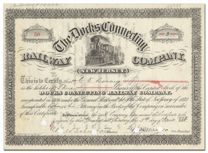 Docks Connecting Railway Company Stock Certificate