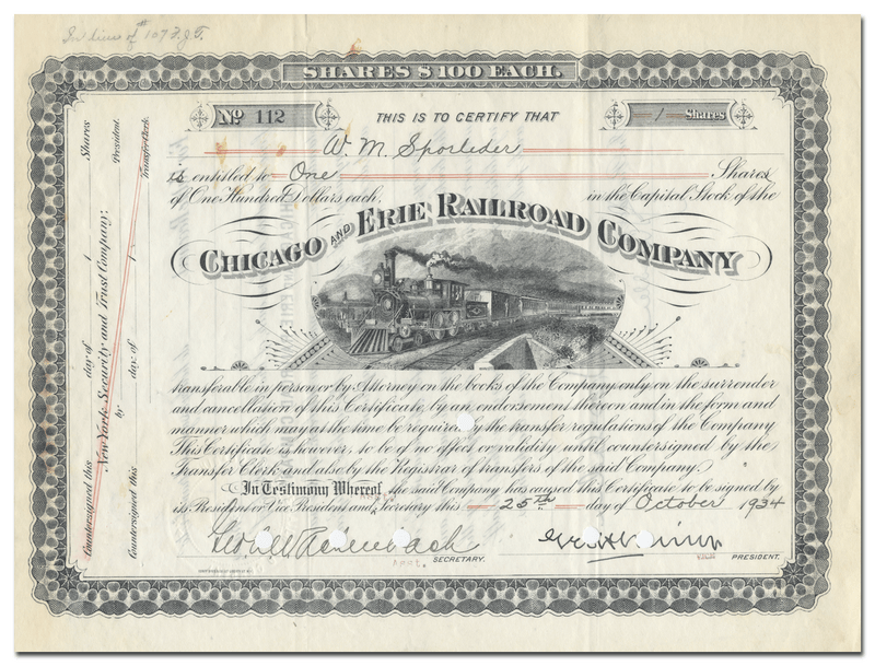 Chicago and Erie Railroad Company Stock Certificate
