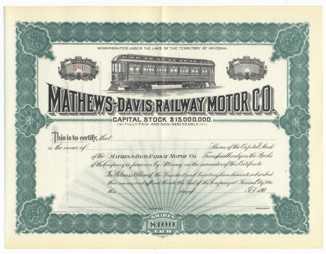 Mathews-Davis Railway Motor Co. Stock Certificate