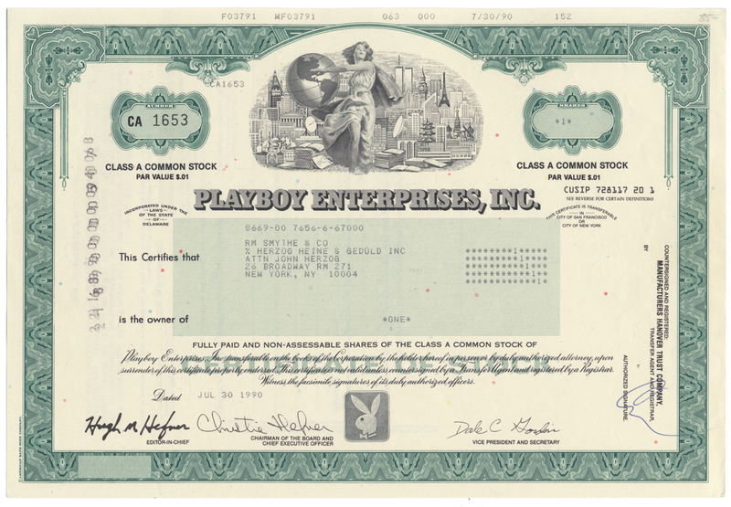 Playboy Enterprises, Inc. Stock Certificate