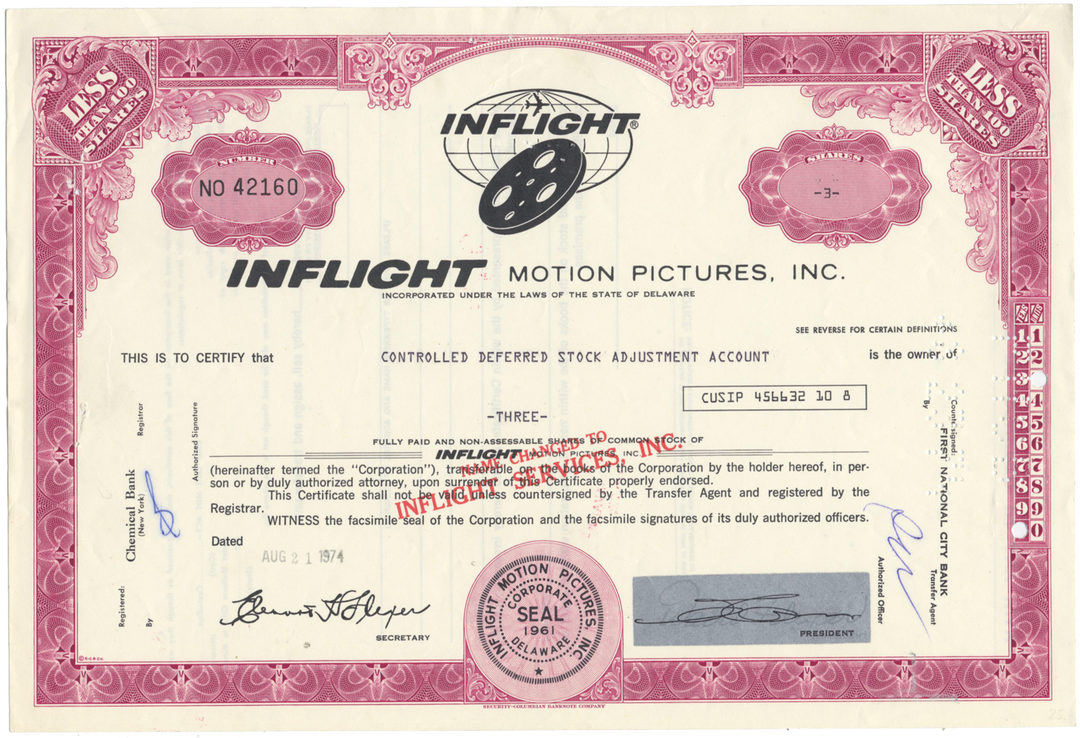 Inflight Motion Pictures, Inc. Stock Certificate