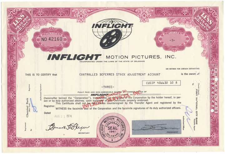 Inflight Motion Pictures, Inc. Stock Certificate