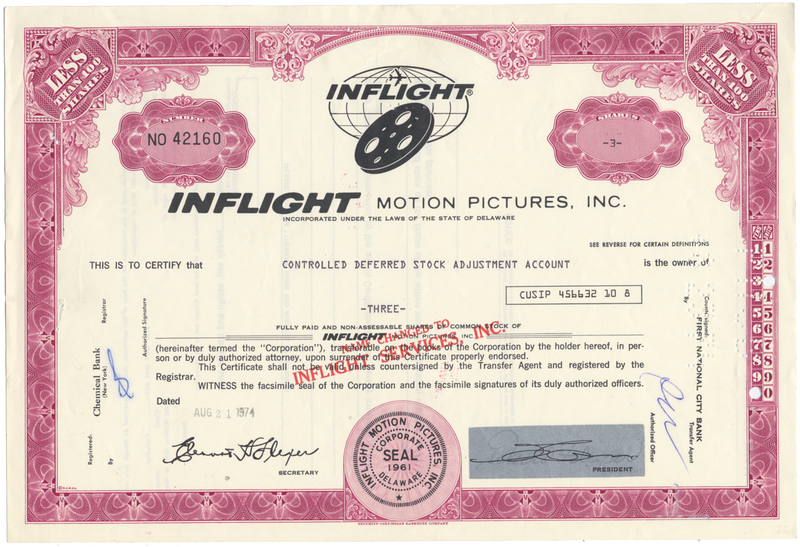 Inflight Motion Pictures, Inc. Stock Certificate