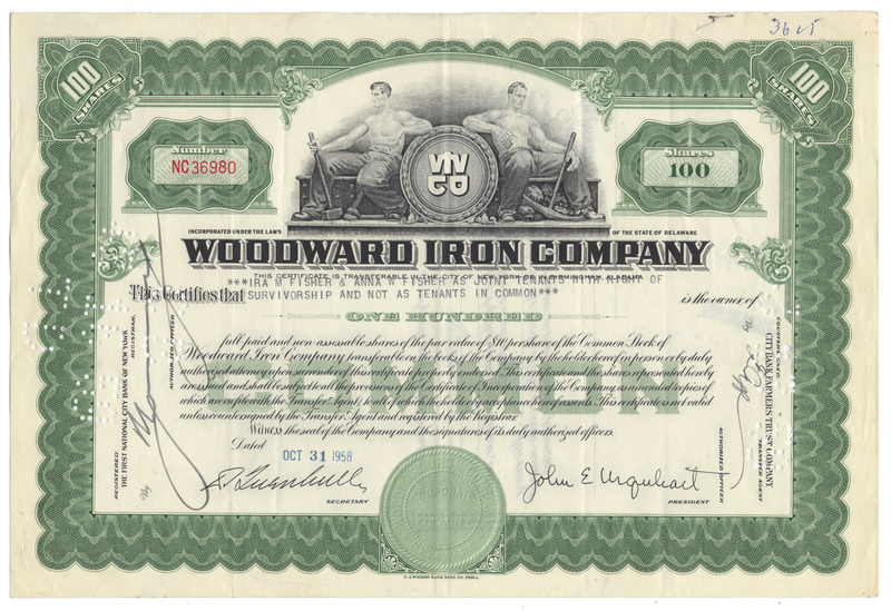 Woodward Iron Company Stock Certificate