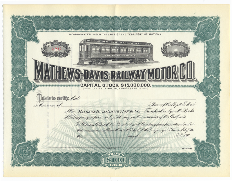 Mathews-Davis Railway Motor Co. Stock Certificate