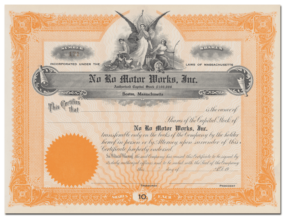 No Ro Motor Works, Inc. Stock Certificate