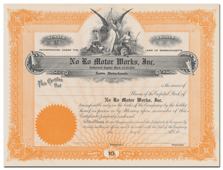 No Ro Motor Works, Inc. Stock Certificate