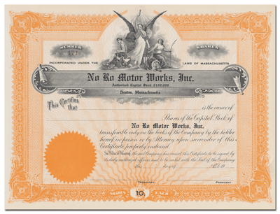 No Ro Motor Works, Inc. Stock Certificate