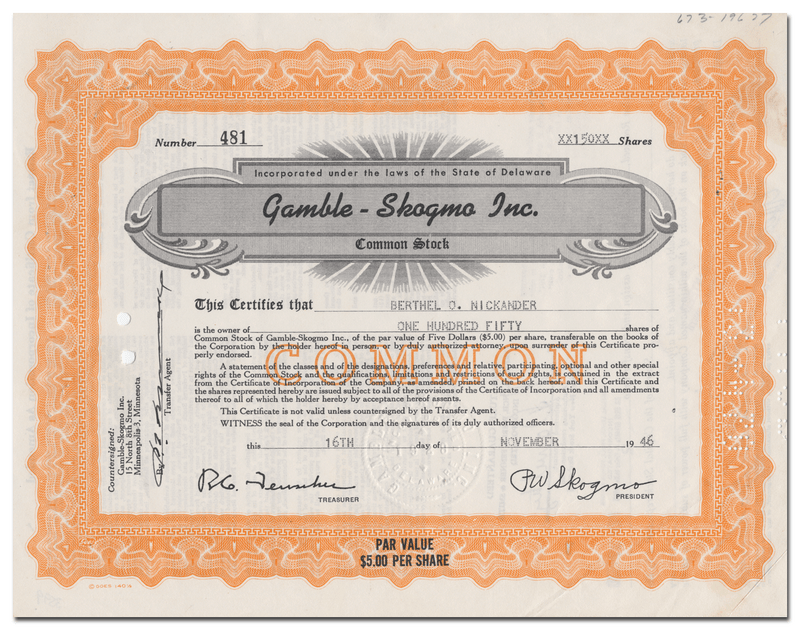 Gamble-Skogmo, Inc. Stock Certificate